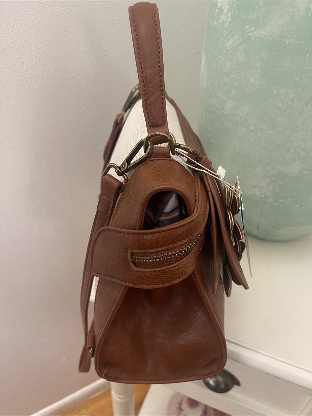 Liz Soto Faux and Canvas Satchel-Brown and Cream - Picture 3 of 13